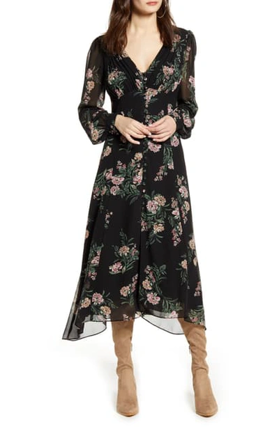 Astr Floral Long Sleeve Midi Dress In Black/ Mauve Multi Floral