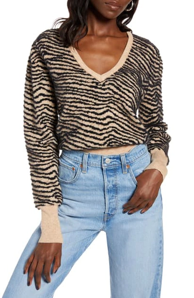 Astr Tiger Stripe V-neck Sweater In Taupe