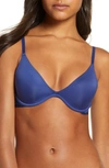 On Gossamer Beautifully Basic Lace Trim Underwire Plunge Bra In Twilight Blue