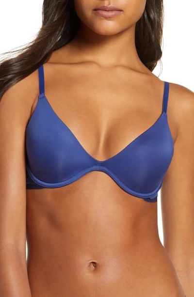 On Gossamer Beautifully Basic Lace Trim Underwire Plunge Bra In Twilight Blue