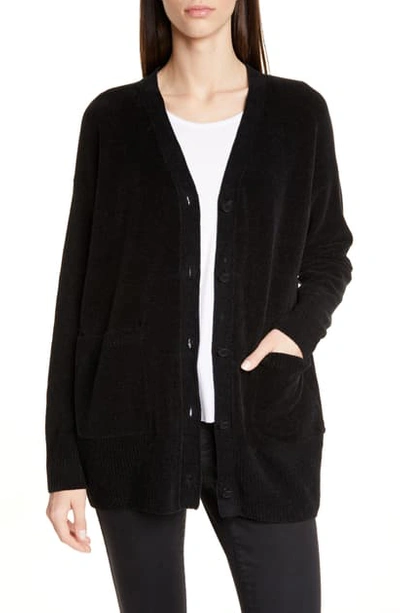 Eileen Fisher Organic Cotton Chenille Boyfriend Cardigan In Black