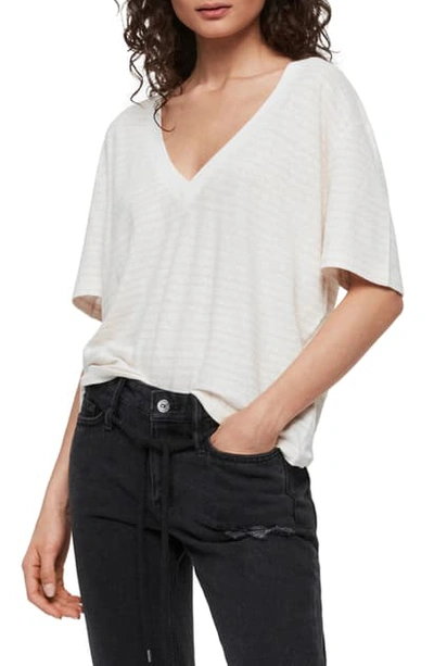 Allsaints Saro Stripe V-neck Cotton & Linen Tee In Chalk/ Bleach Pink