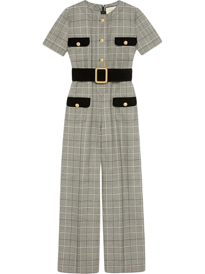 Gucci Belted Velvet-trimmed Prince Of Wales Checked Wool Jumpsuit In Grey