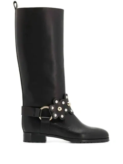Red Valentino Leather Boot With Flower Detail Puzzle Black Color