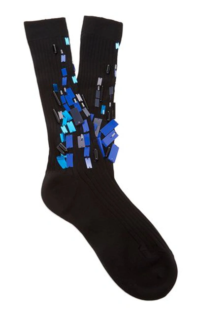 Prada Lisle Embroidered Cotton Socks In Nero Blue
