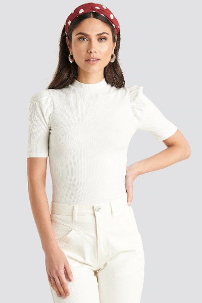 Na-kd Short Puff Sleeve High Neck Ribbed Top - White In Offwhite