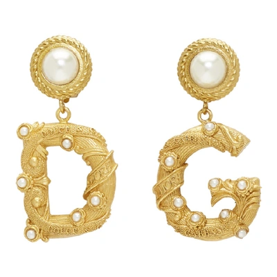 Dolce & Gabbana Barocco Logo Faux Pearl Clip-on Earrings In Gold,pearl