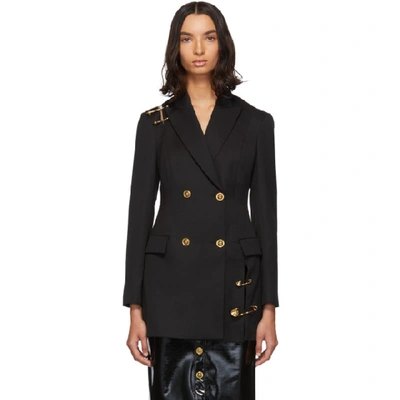 Versace Double-breasted Deconstructed Embellished Tulle-trimmed Wool Blazer In Black