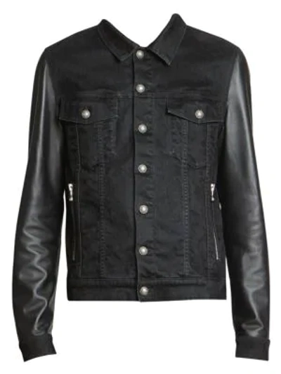 Balmain Denim & Leather Jean Jacket In Noir