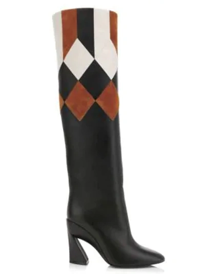 Ferragamo Antea Patchwork Knee-high Leather Boots In Black