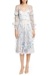 MARCHESA NOTTE EMBROIDERED LONG SLEEVE TULLE MIDI DRESS,N32C0947