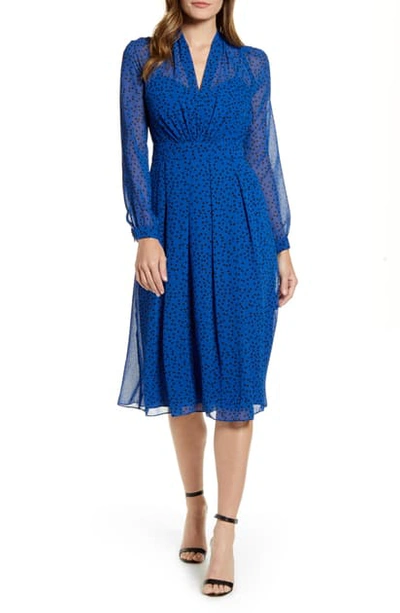 Anne Klein Stellar Dot Long Sleeve A-line Dress In Cezanne Blue/ Anne Black