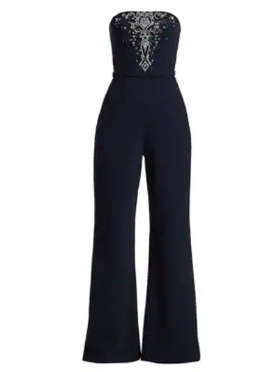 Theia Embellished Strapless Wide Leg Jumpsuit In Midnight