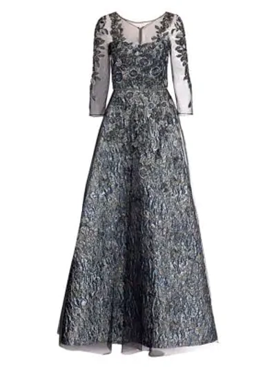 Theia Floral Beaded Illusion Gown In Slate Silver