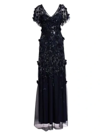 Theia Flutter Sleeve Floral Appliqué Gown In Midnight