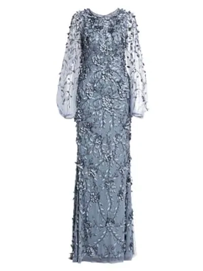 Theia Floral Appliqué Illusion Sleeve Gown In Slate