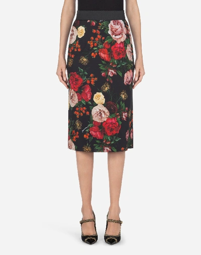 Dolce & Gabbana Midi Skirt In Baroque Rose-print Cady In Multi