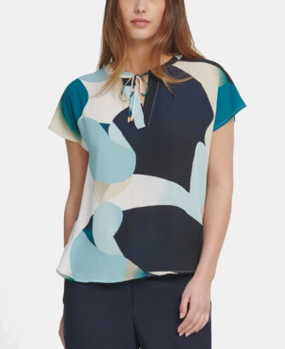 Dkny Printed Tie-neck Top In Mineral Combo