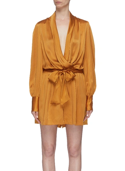 Zimmermann Belted Ruched Drape Silk Satin Wrap Rompers