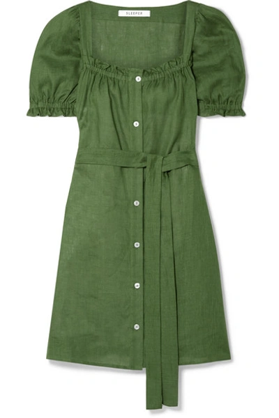 Sleeper Brigitte Belted Linen Mini Dress In Green