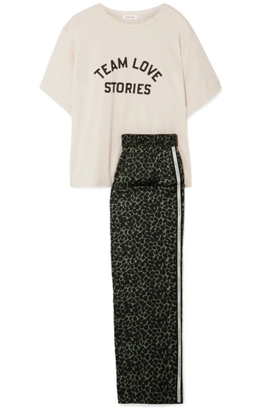 Love Stories Embroidered Cotton-jersey And Leopard-print Satin Pajama Set In Cream