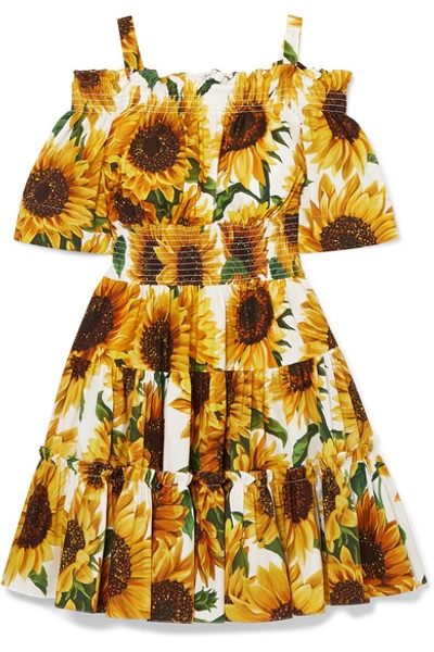 Dolce & Gabbana Cold-shoulder Tiered Floral-print Cotton-poplin Mini Dress In Yellow