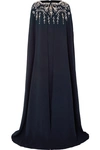 OSCAR DE LA RENTA CAPE-EFFECT CRYSTAL-EMBELLISHED SILK-BLEND CREPE GOWN