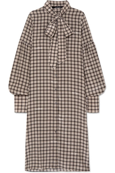 Rokh Pussy-bow Houndstooth Silk Crepe De Chine Dress In Beige
