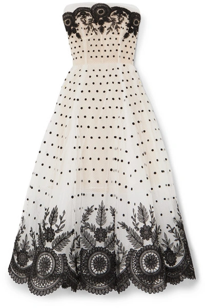 Oscar De La Renta Strapless Embroidered Polka-dot Tulle Gown In Ivory