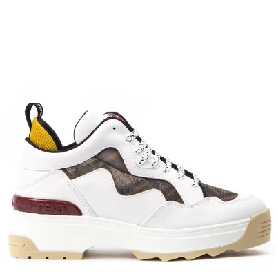Fendi T-rex Ff Mesh And Leather Sneakers In White,brown,yellow
