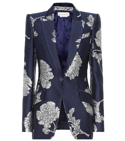 Alexander Mcqueen Floral-jacquard Single-breasted Satin Blazer In Blue,silver