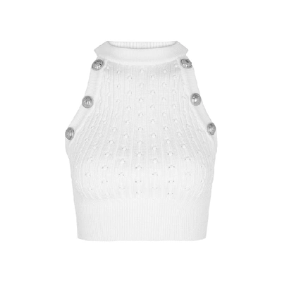 Balmain White Cropped Pointelle-knit Tank
