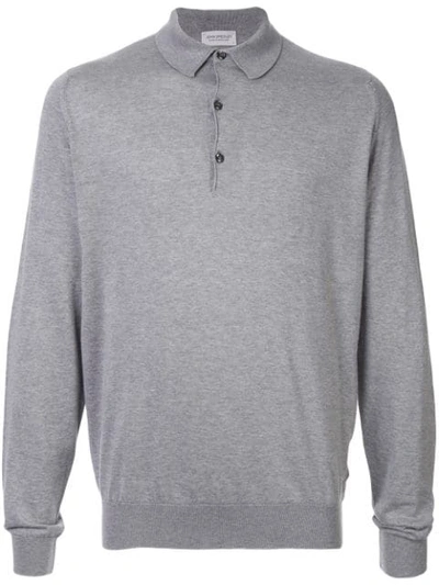 John Smedley Wool Polo Shirt Long Sleeves Ribbed Cuffs In Gray