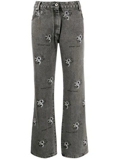Off-white Floral Embroidered Cropped Jeans In B699 Light Grey Washed All Over