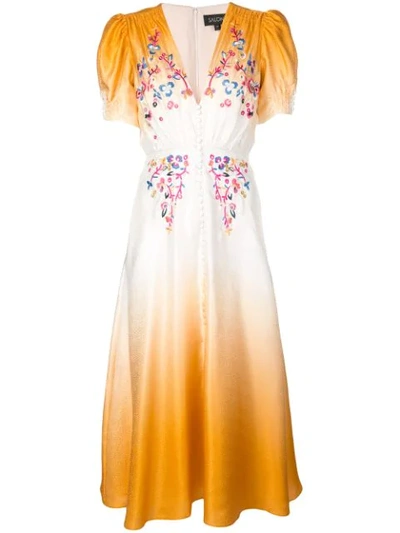 Saloni Lea Floral-embroidered Ombré Silk Midi Dress In Orange