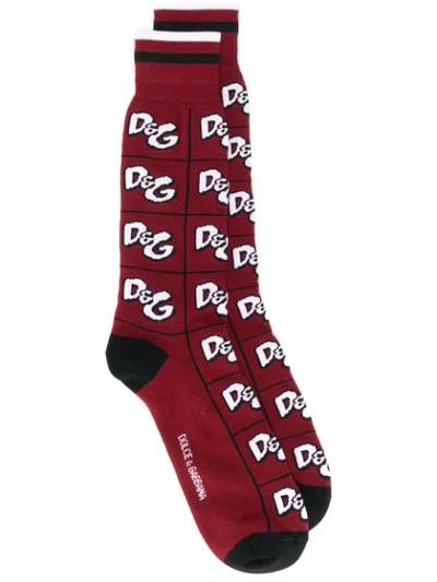 Dolce & Gabbana Cotton Jacquard Socks With All-over Dg Logo In Red