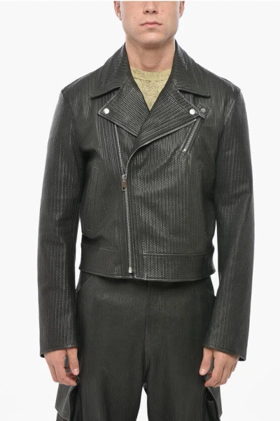 1989 STUDIO BRAIDED LEATHER BIKER JACKET WITH EMBROIDERED LOGO