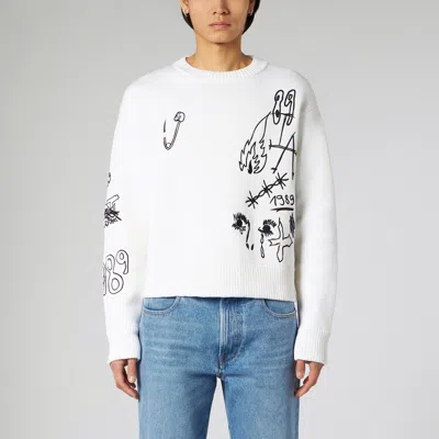 1989 Studio Embroidery Crop Knit Round Neck White