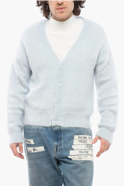 1989 STUDIO SOLID COLOR V-NECK FUZZY CARDIGAN WITH EMBROIDERED LOGO