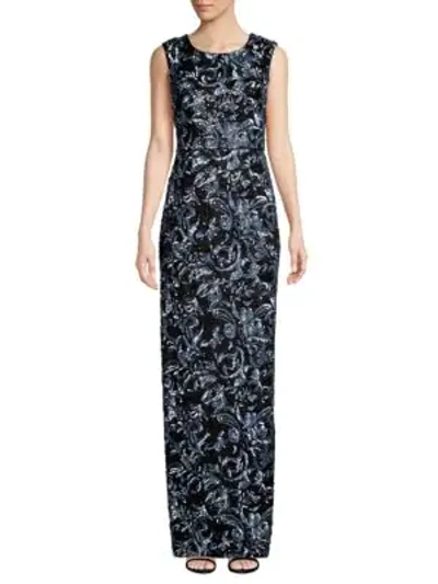 Aidan Mattox Floral-embroidered Jacquard Sequin Gown In Blue