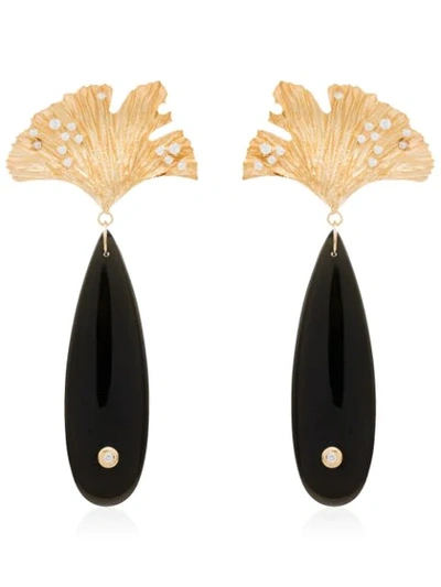 Apples & Figs 24kt Gold Vermeil Sea Shore Obsidian Leaf Earrings In Black Obsidian