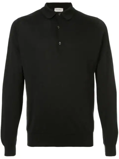 John Smedley Long Sleeved Knitted Polo Shirt In Black