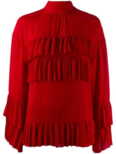 Valentino Ruffled Tie Neck Silk Georgette Blouse In Red