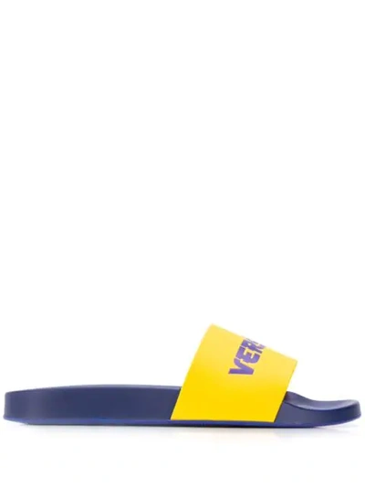 Versace Logo Print Slides In Yellow,purple