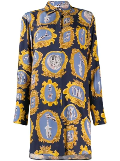 Chloé Medallion-print Silk Button-front Shirt In Blue