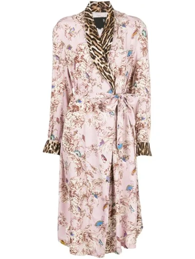 R13 Smoking Dressing Gown With Piping In Pale Pink Floral With Leopard