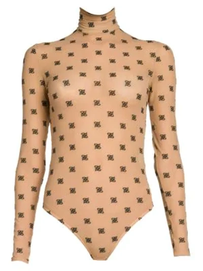 Fendi Embroidered Logo Stretch Tulle Bodysuit In Nude