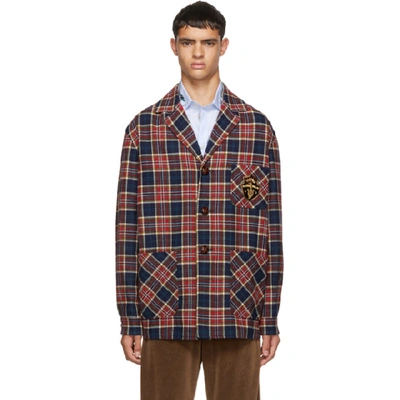 Gucci Checkered Wool Jacket With Emblem In Blue