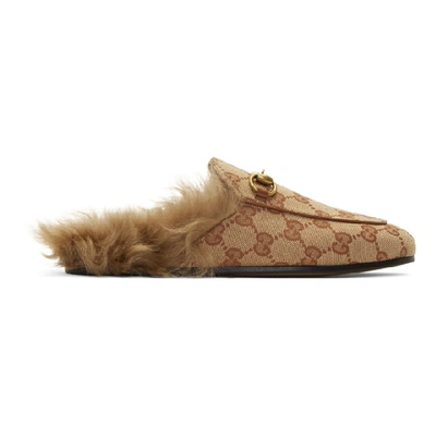 Gucci Princetown Genuine Shearling Logo Mule In Beige