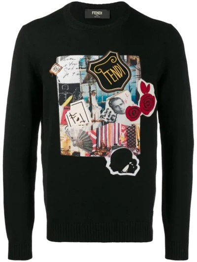 Fendi Virgin Wool Knit Jumper W/karl Patch In Black